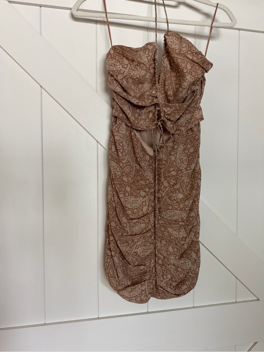 Ruched Brown Paisley Mini Dress with Spaghetti Straps